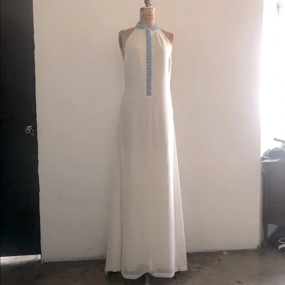 J.DOSI]Turquoise Embellishment Cream Silk Crepe Halter neck Backless Dress - Picture 6 of 16